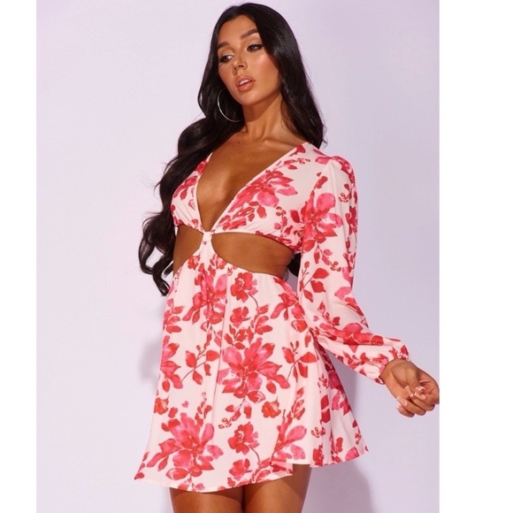 Red Floral Print Long Sleeve V-Neck Open Back Cutout Mini Dress - Picture 6 of 14
